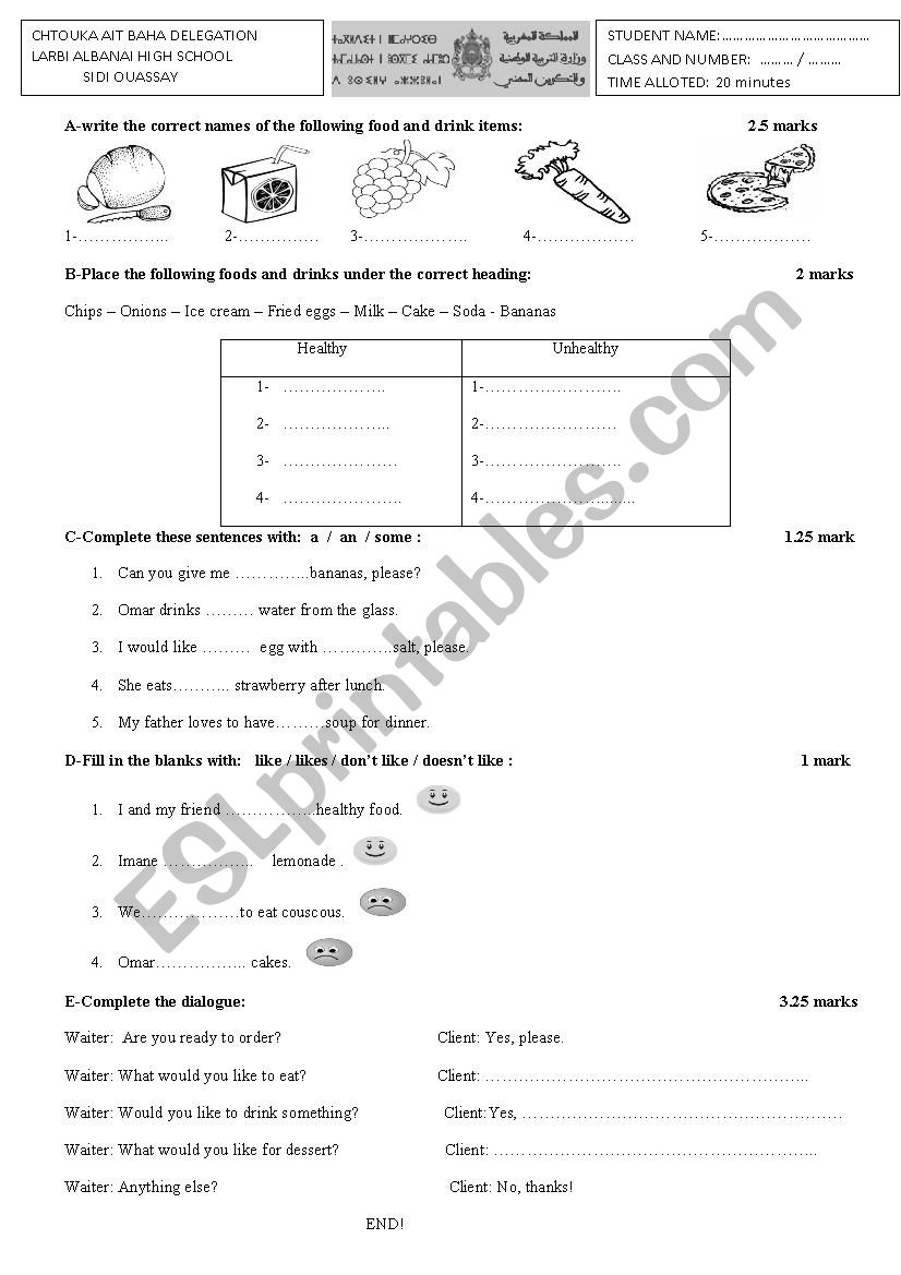 Test on food and drink worksheet