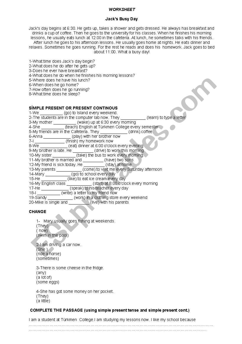 worksheet about tenses present cont. and present tense 