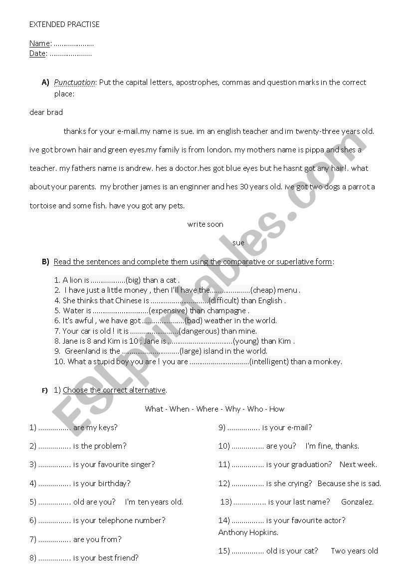 exercise on punctuation and wh questions