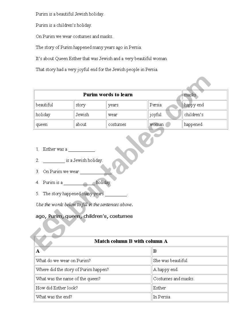 purim  worksheet