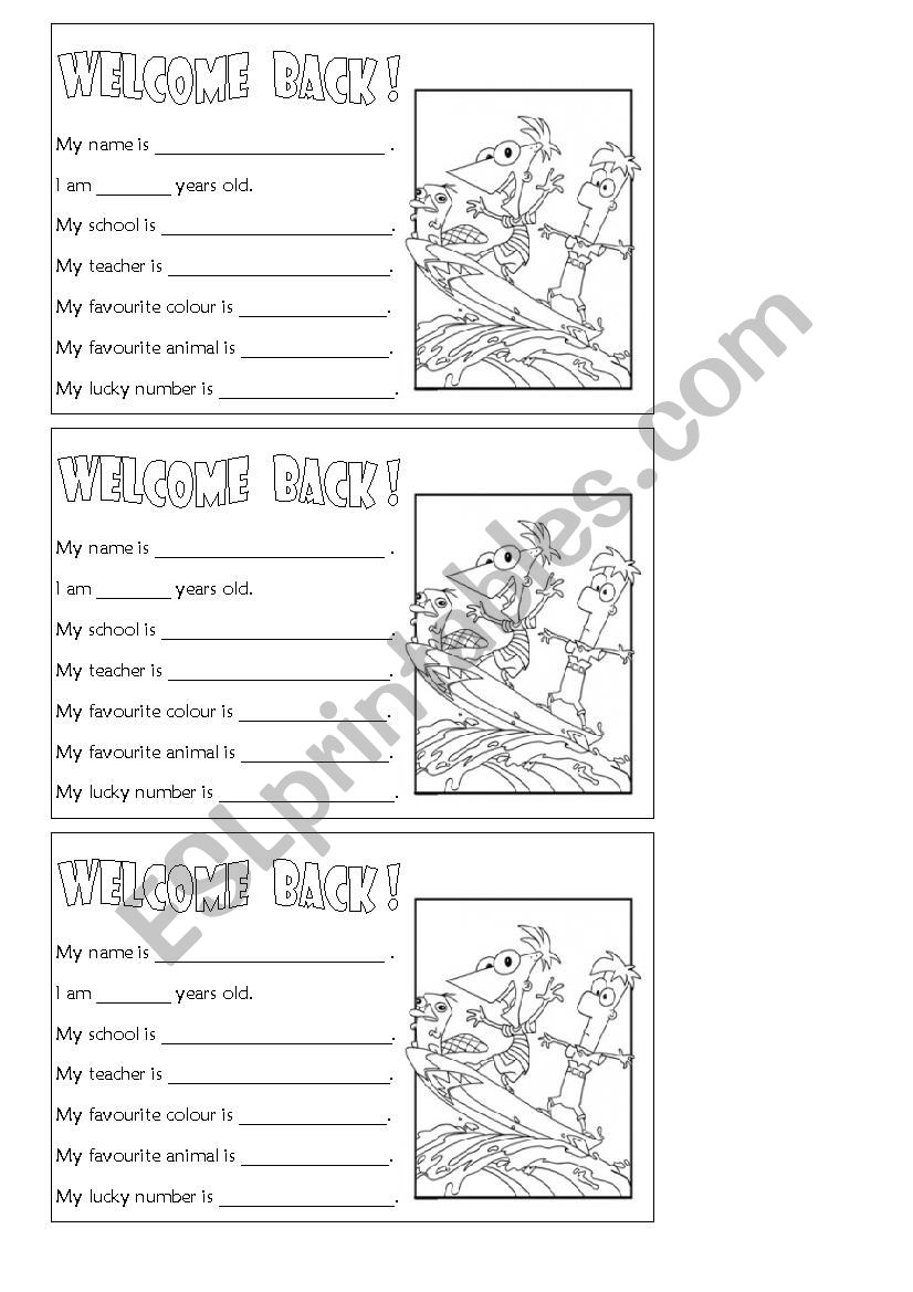 Welcome Back worksheet worksheet