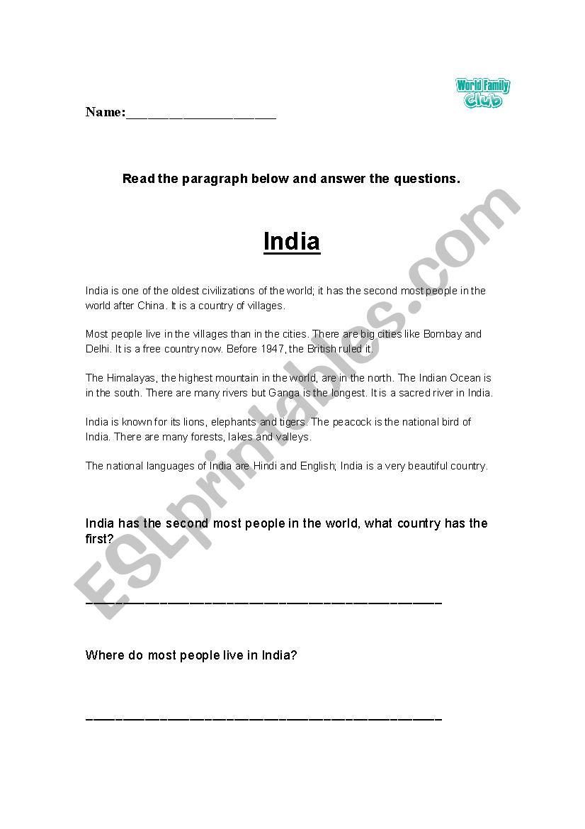 Analytic reading & Writing Exercise on India