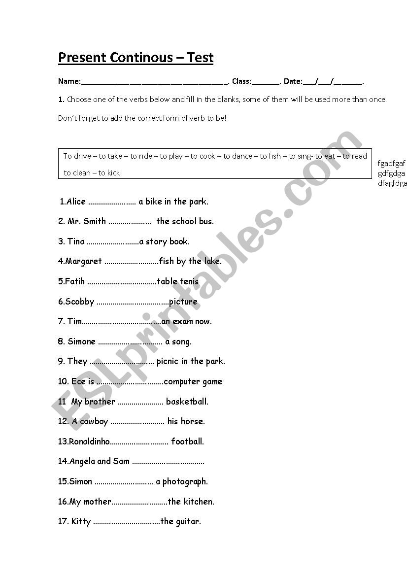 Present Continuous Test worksheet