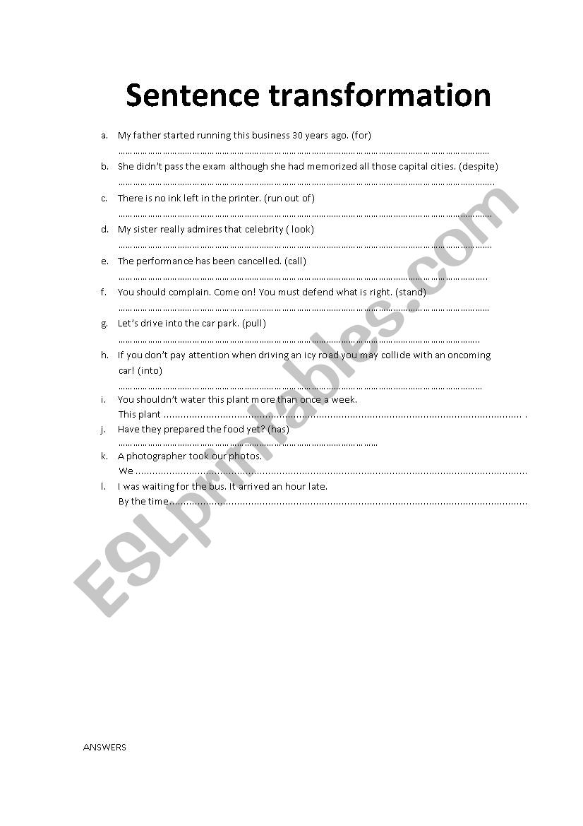 Sentence Transformation worksheet