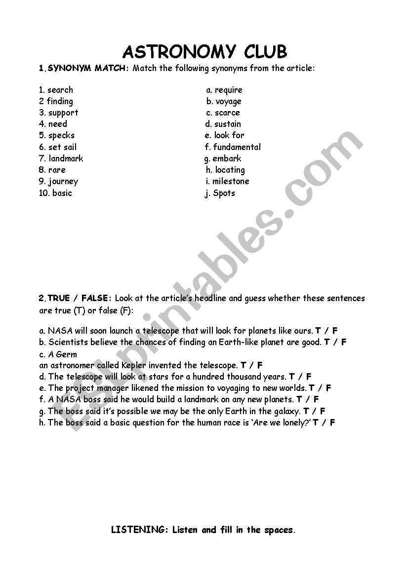 Astronomy worksheet