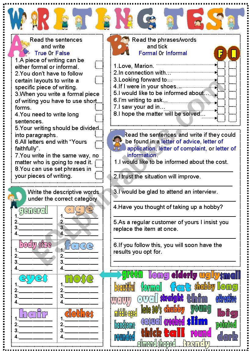 Writing test-letter of advice/complaint/application/asking for information/describe a person