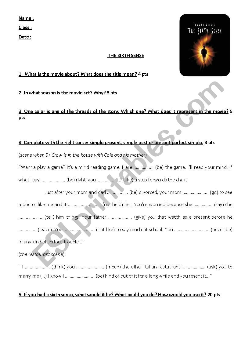 The Sixth Sense (film) worksheet