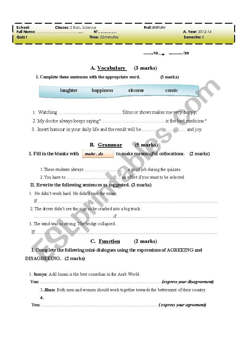 Quiz about Humour unit worksheet