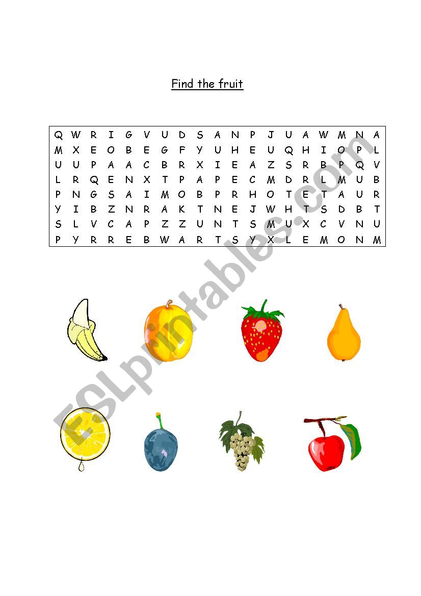 Wordsearch - find the fruit worksheet