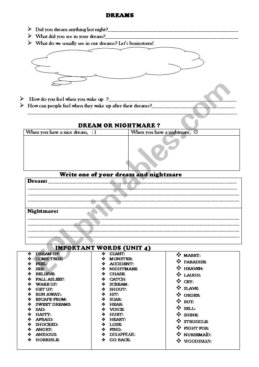 Dreams worksheet (simple past tense)