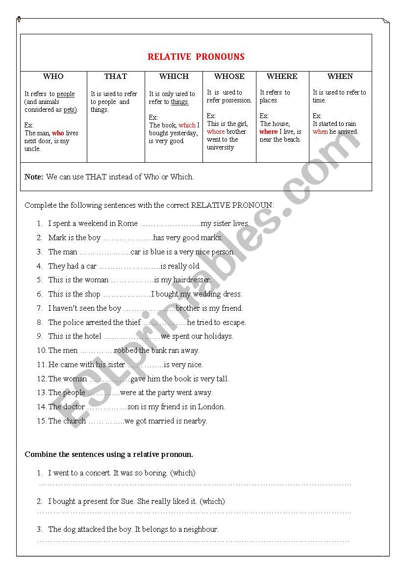 relative pronouns worksheet