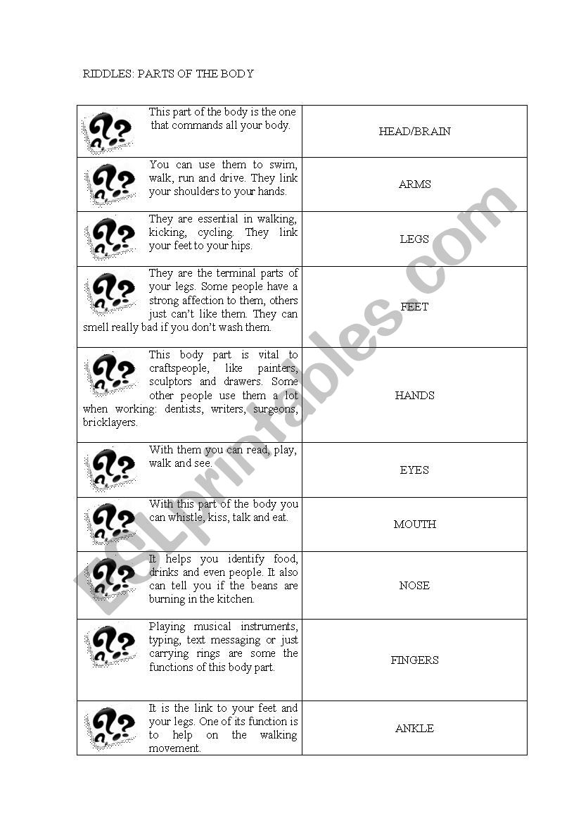 Body parts riddles/matching worksheet