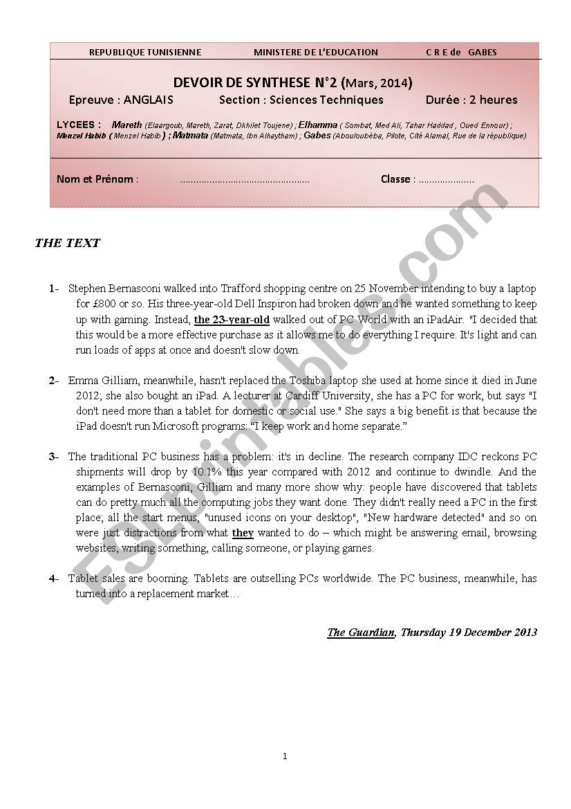 Tunsien Bac exam NÂ°2 : With  correction           