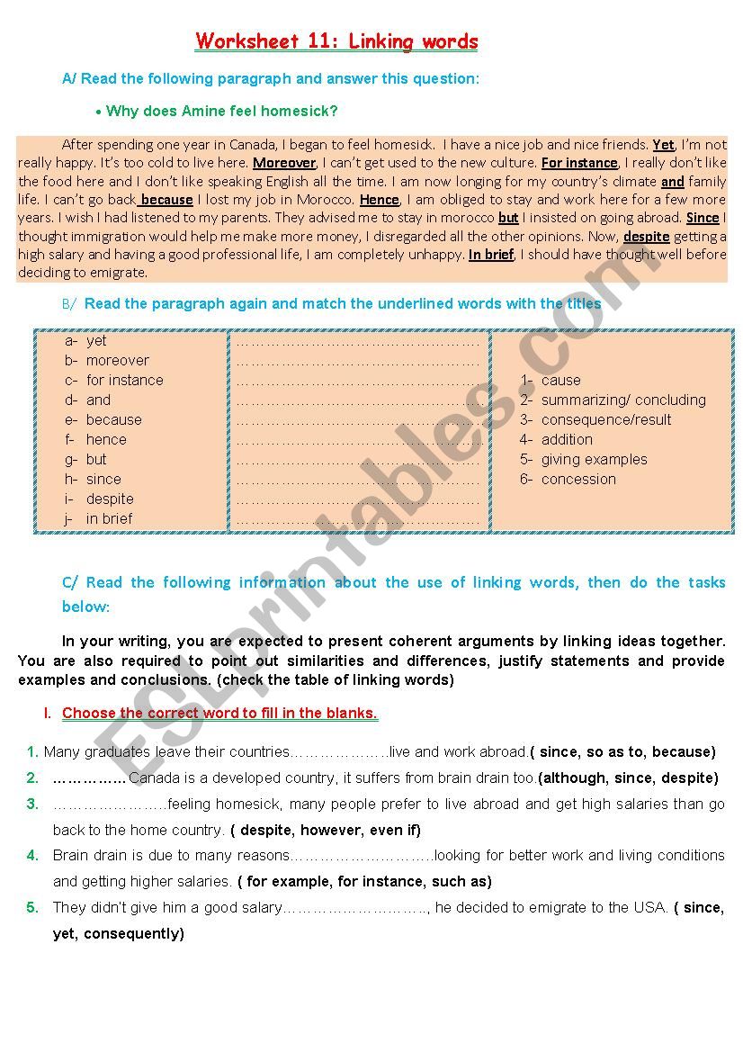 linking words worksheet