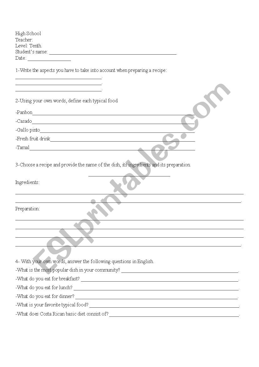 Food preparation worksheet