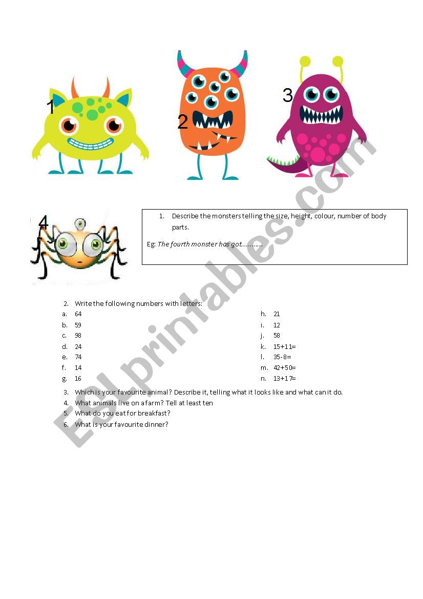 body parts, animals worksheet