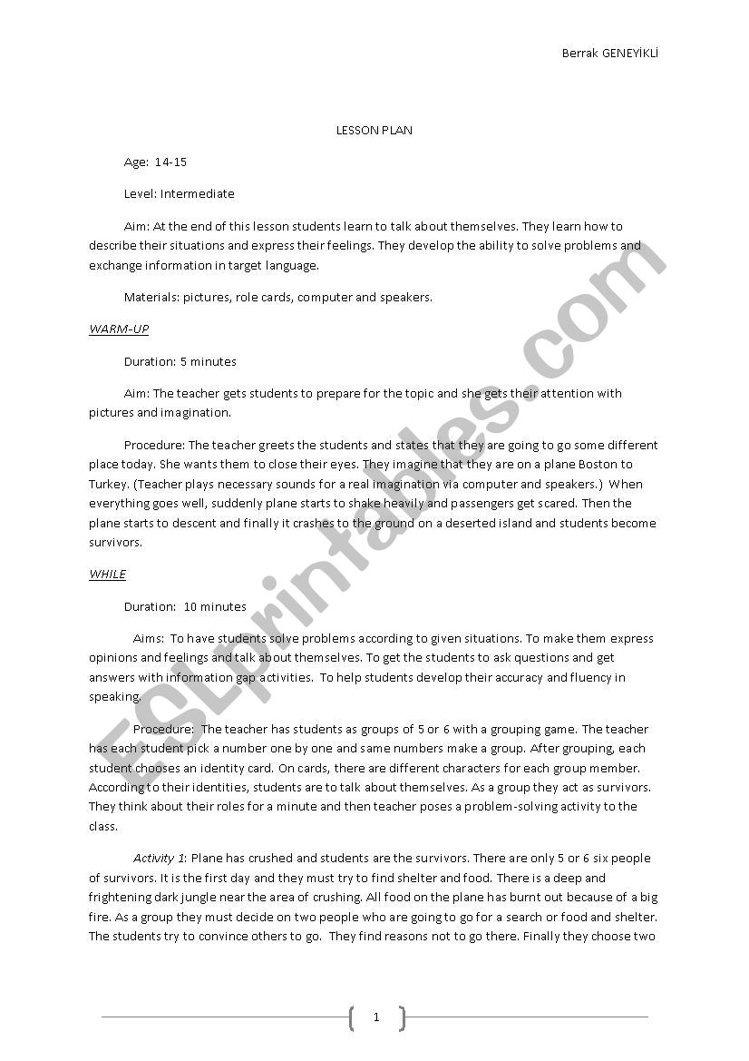 Speaking Lesson Plan worksheet