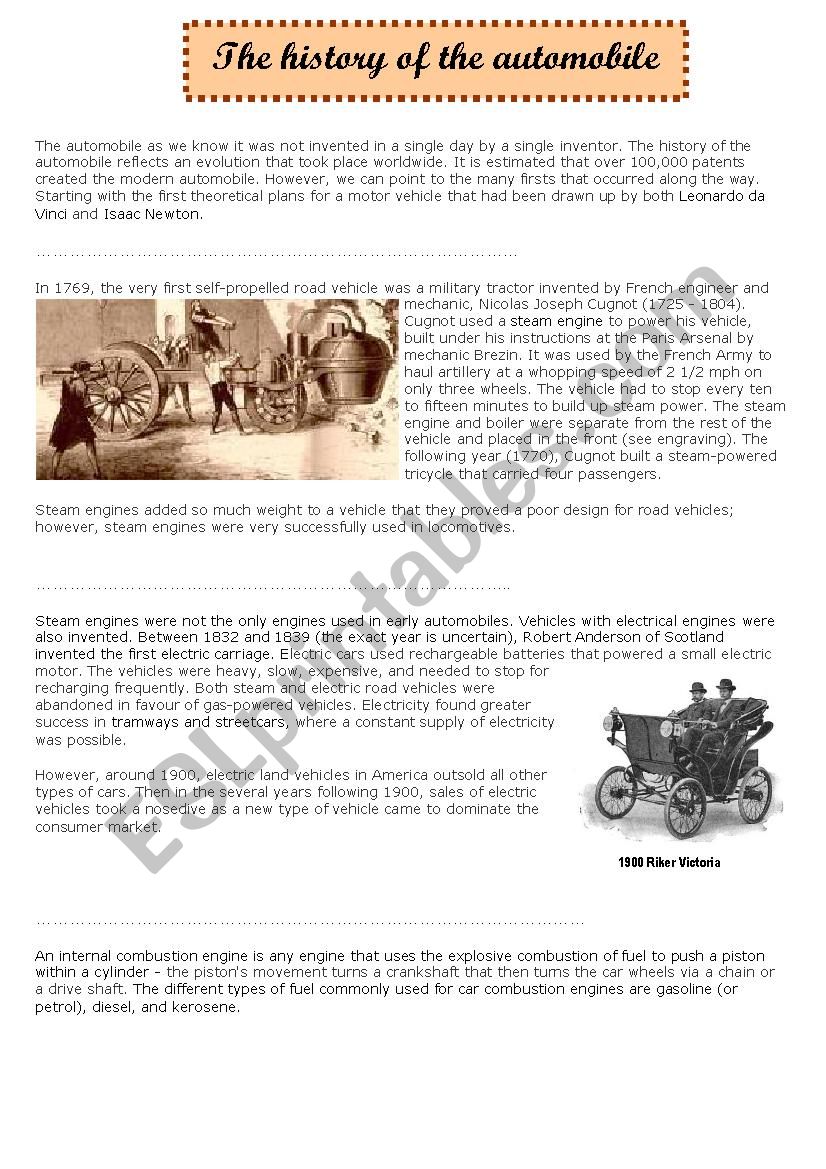 The history of the automobile worksheet