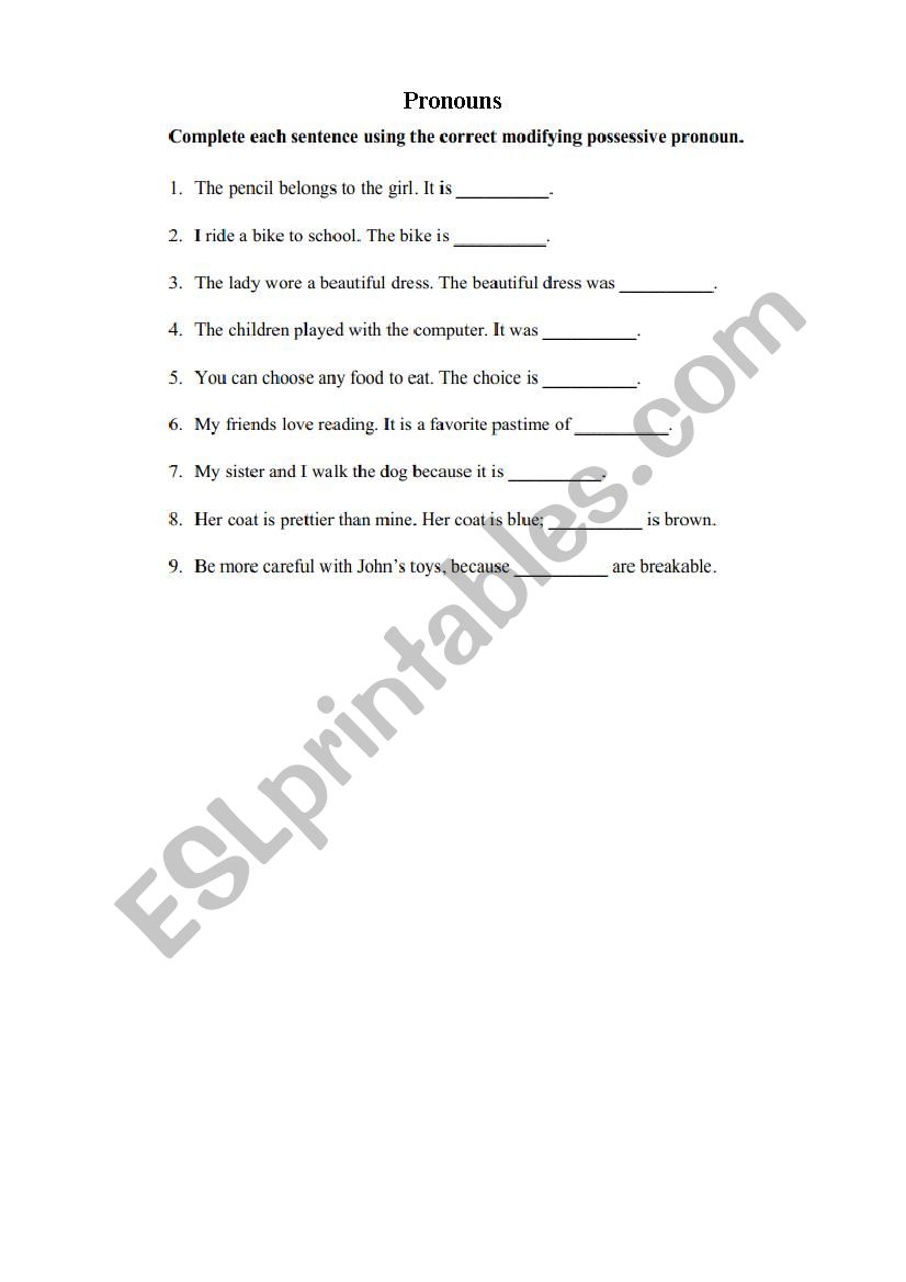 Pronouns and Possesives worksheet