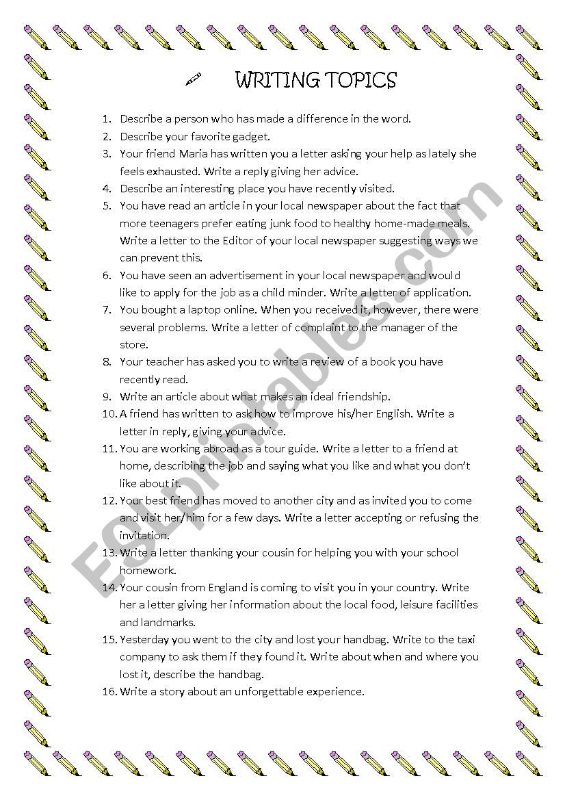 Writing topics worksheet