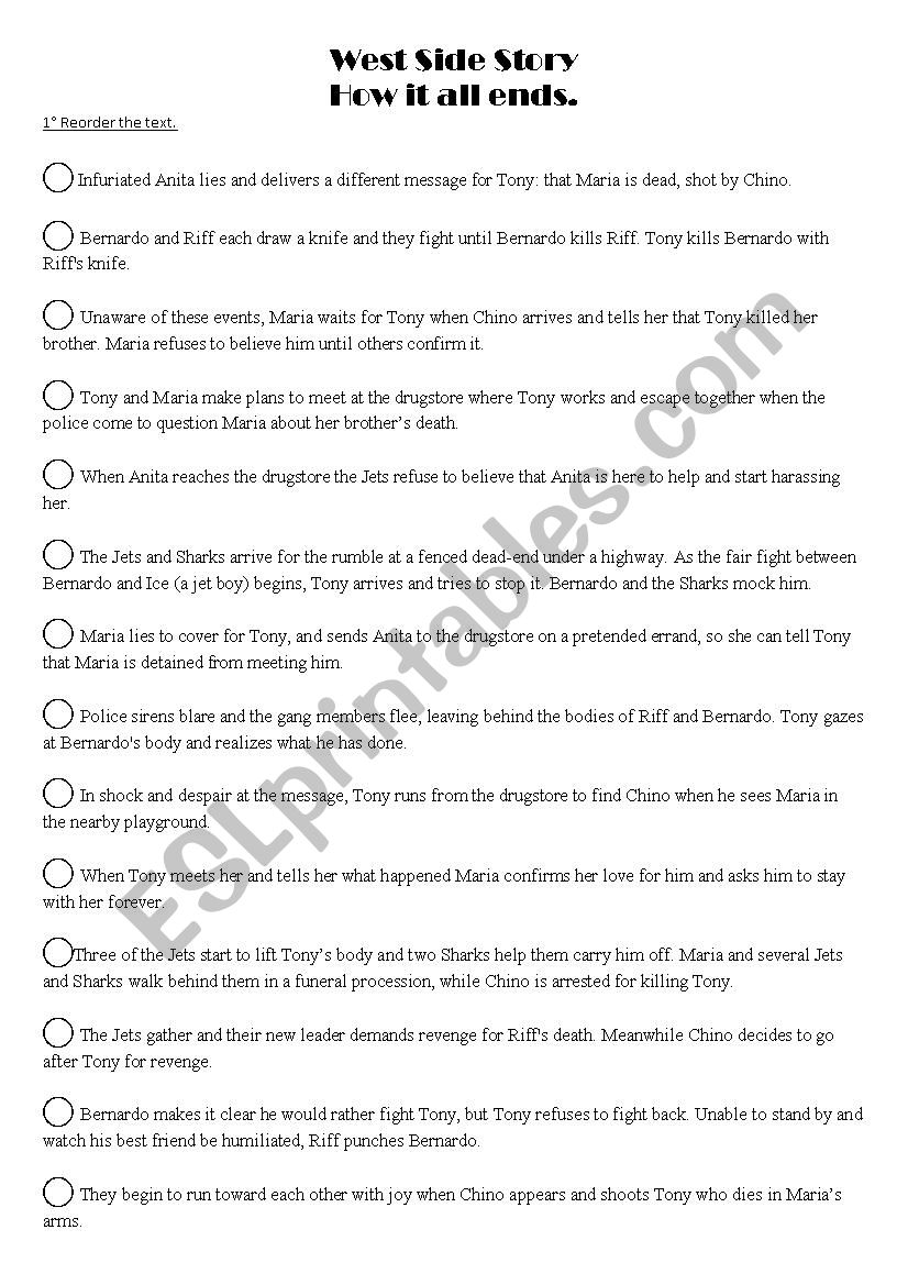 West Side Story, story line worksheet