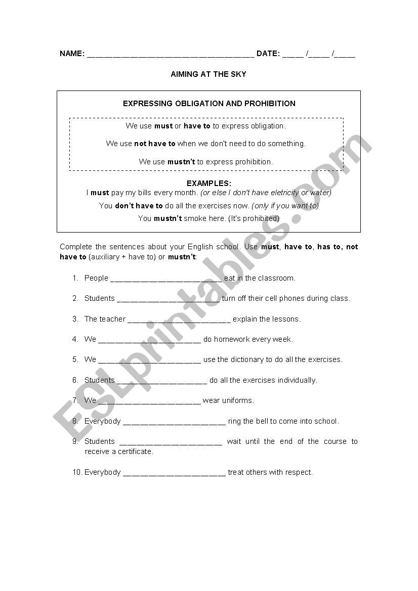 OBLIGATION AND PROHIBITION ESL Worksheet By Pauladco