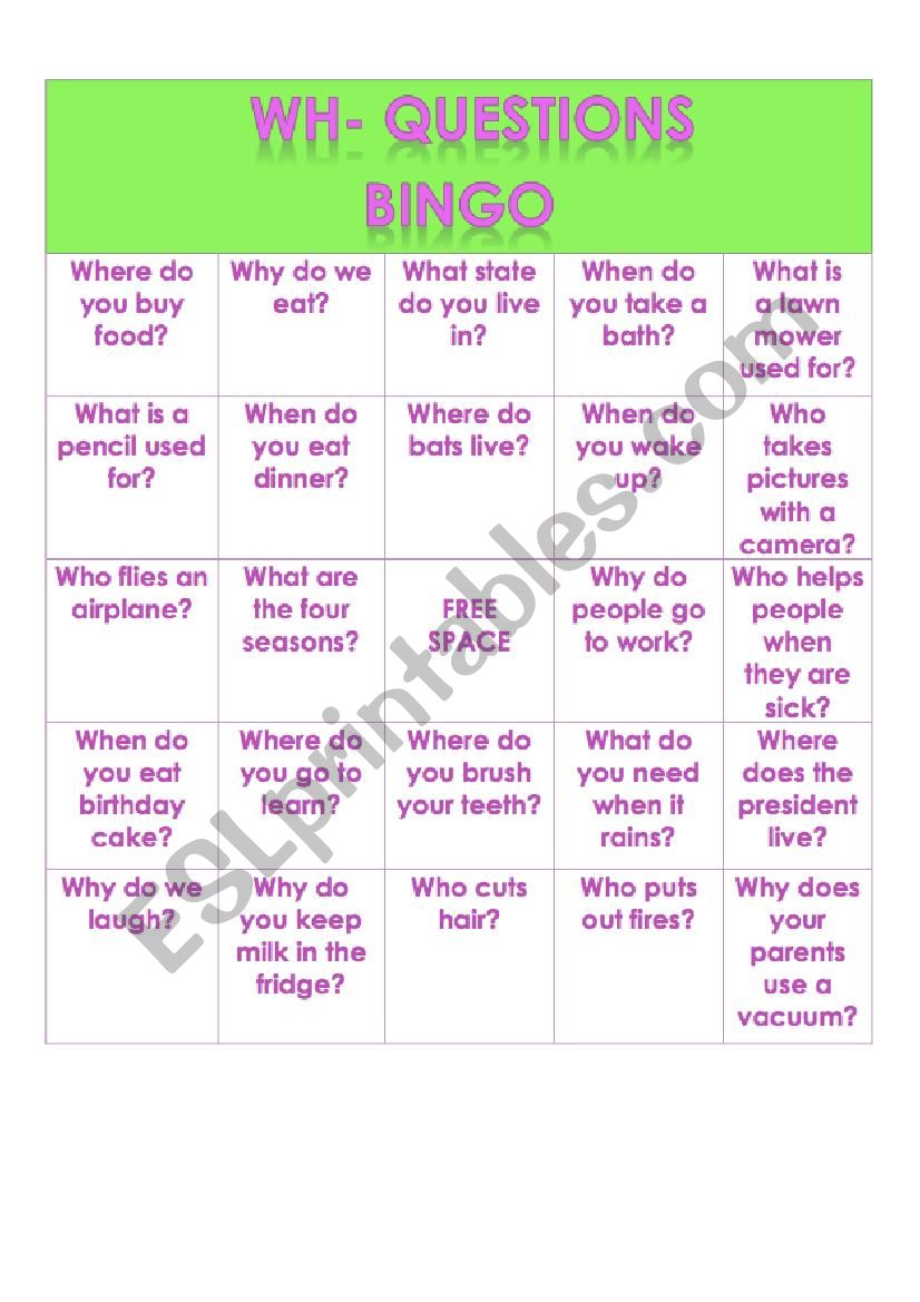 WH questions Bingo worksheet