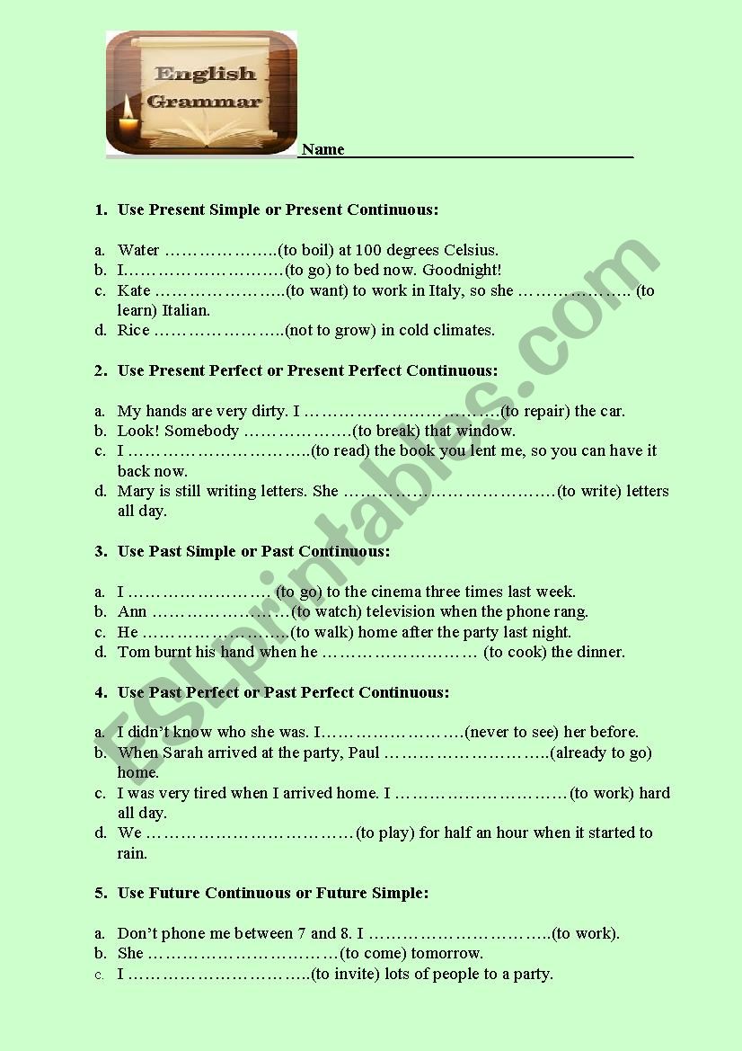 Test on different verb  tenses 