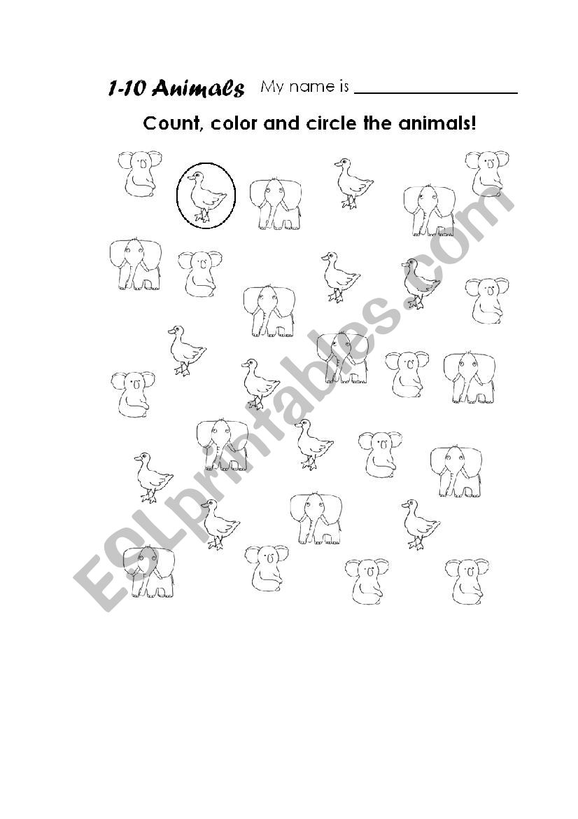 1 to 10 animals worksheet