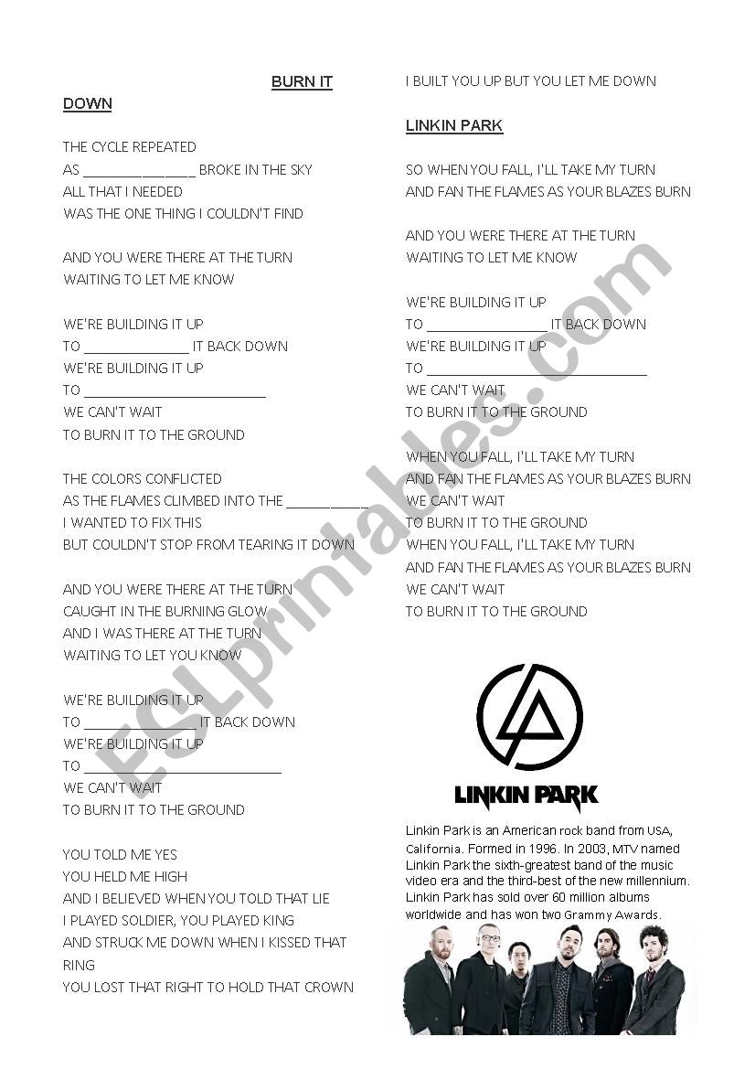 Linkin Park - BURN IT DOWN  worksheet