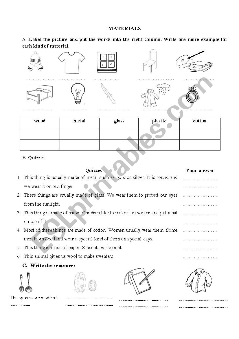Material worksheet worksheet