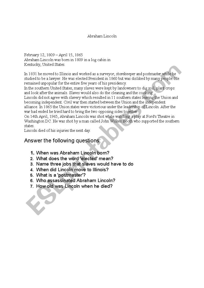 Abraham lincoln worksheet
