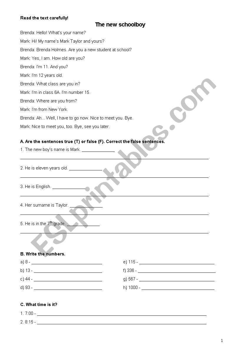 test school worksheet