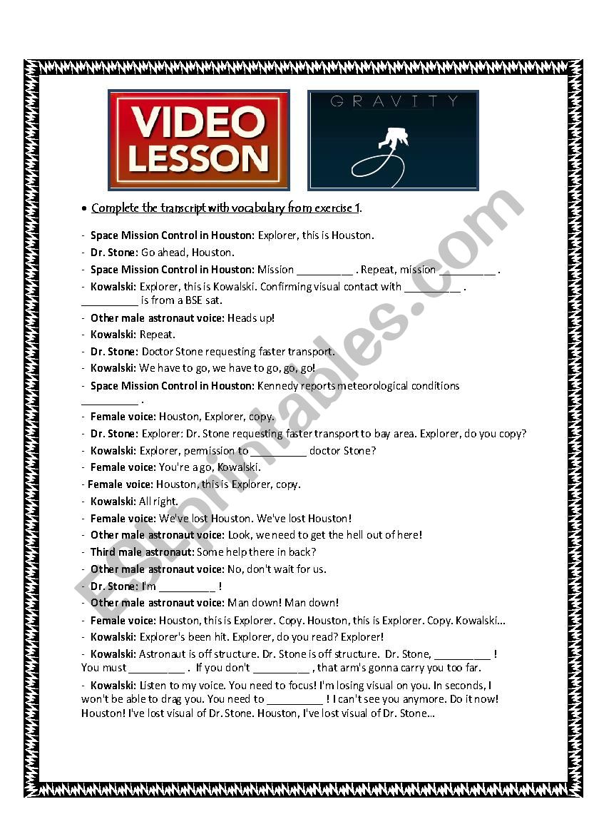 Video Lesson: Â´GravityÂ´ worksheet