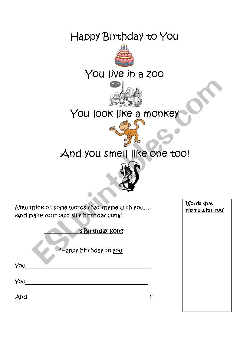 A Funny Birthday Song worksheet