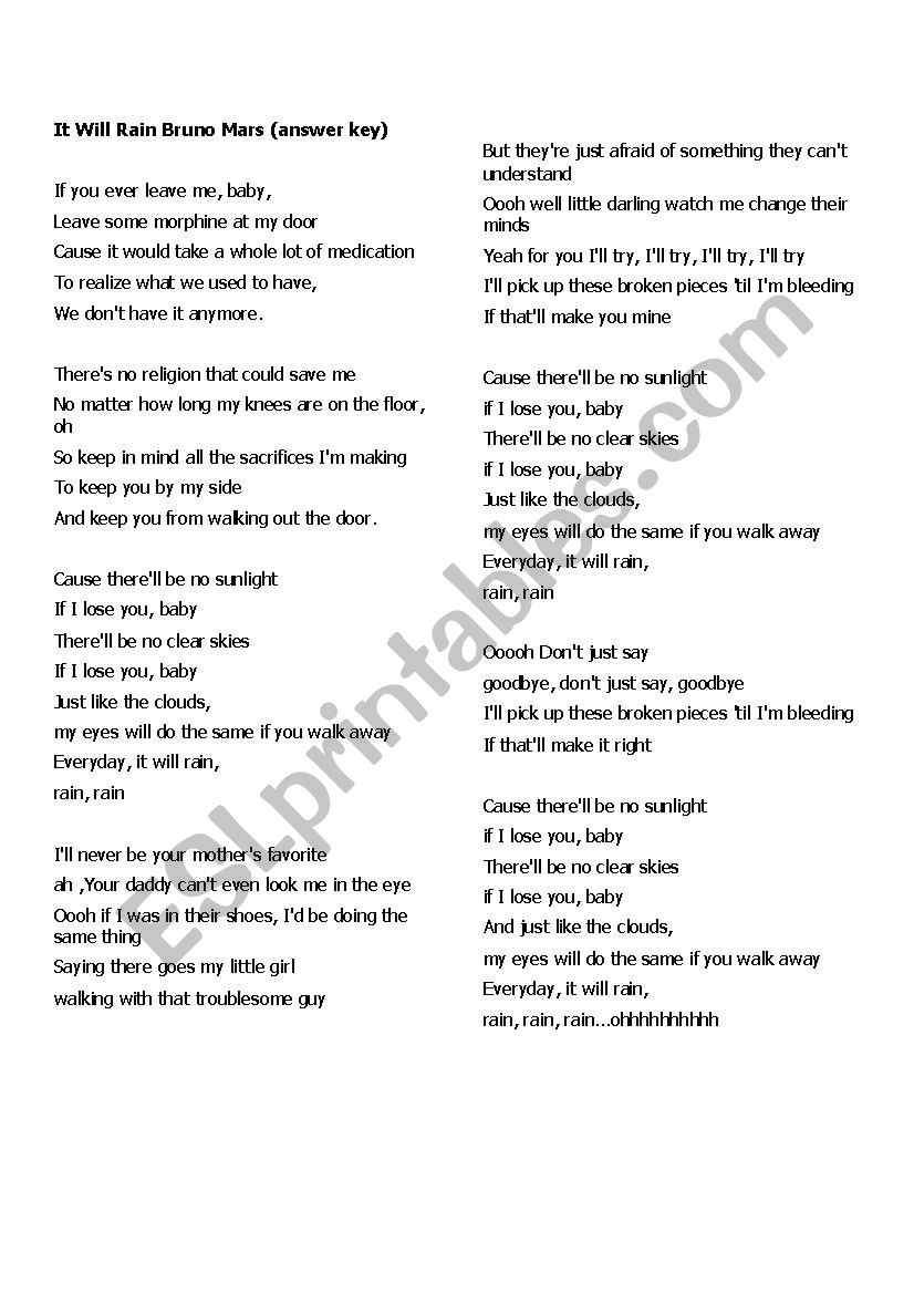 Song It will rain worksheet