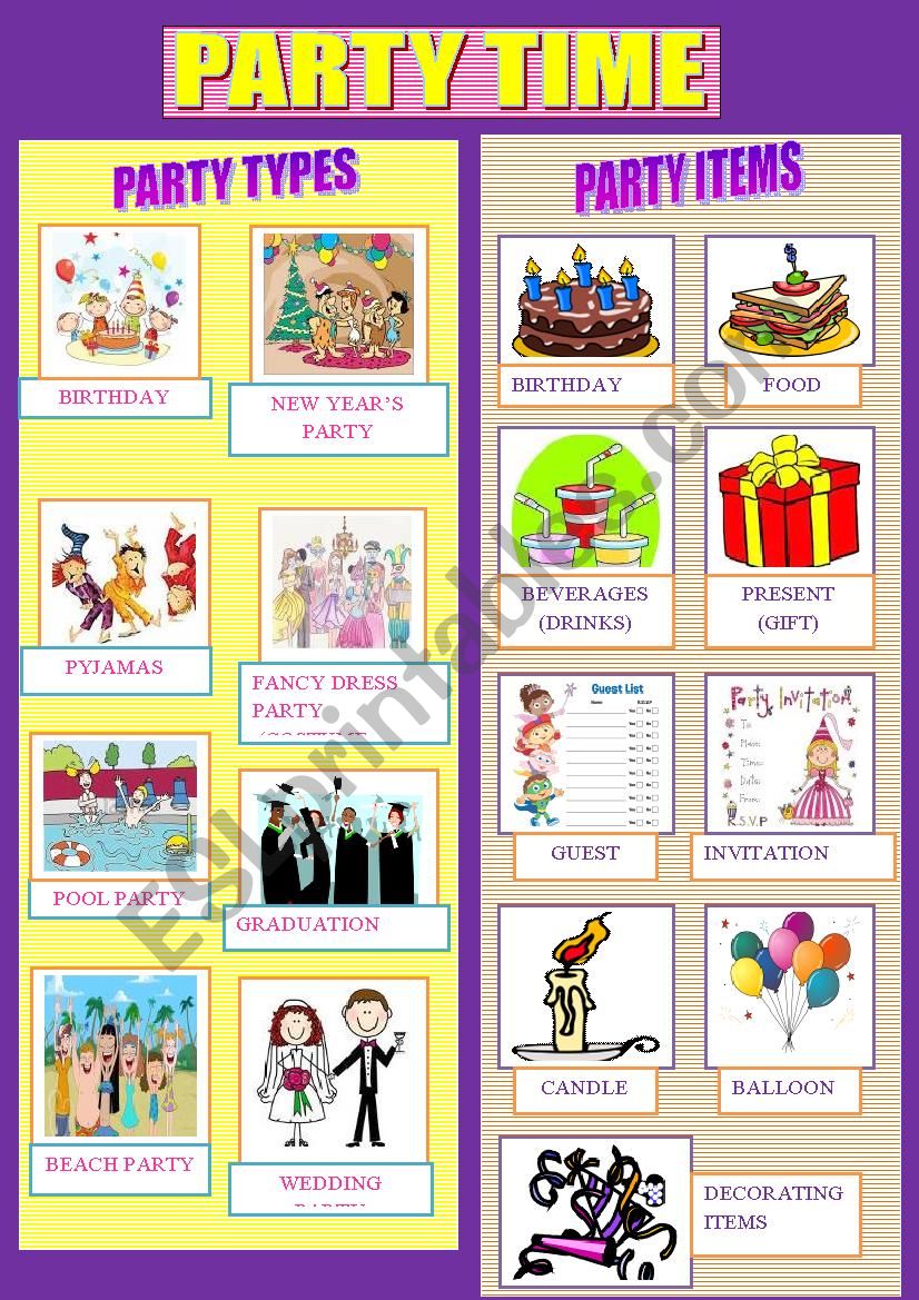 PARTY TYPES AND PARTY ITEMS worksheet