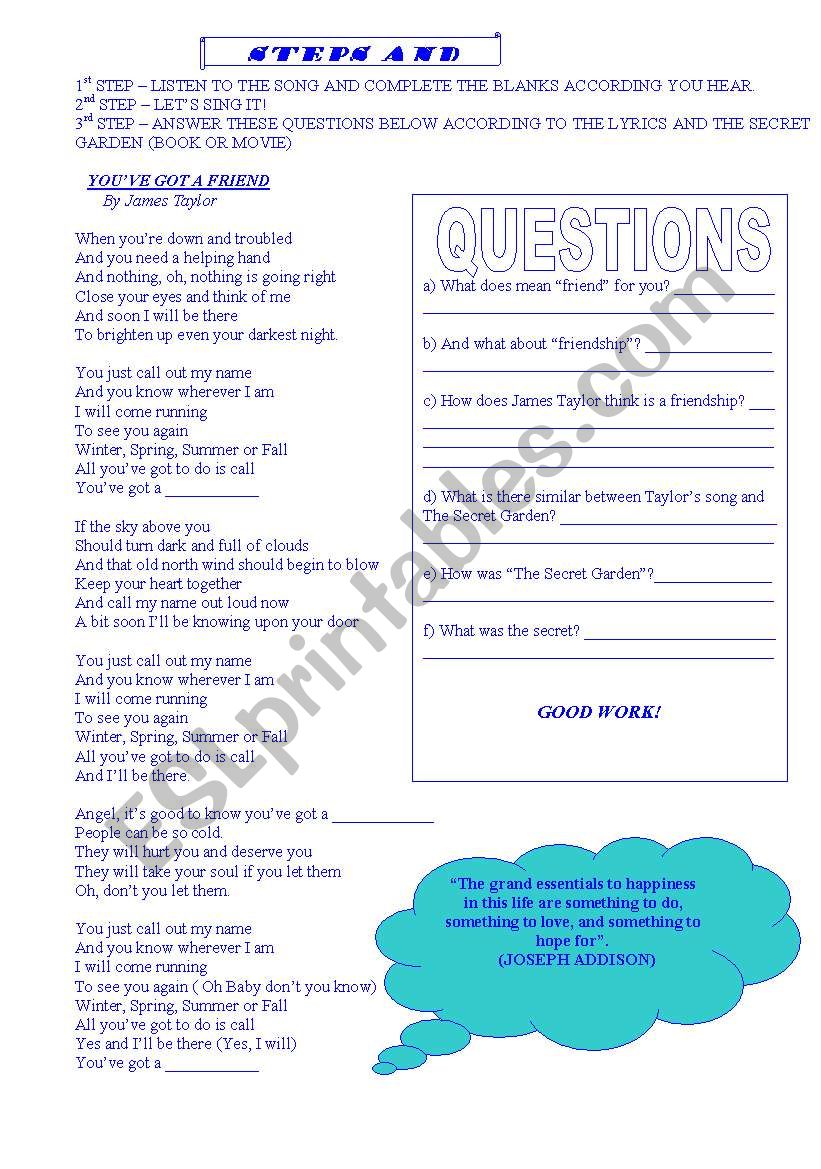 Youve got a friend. worksheet