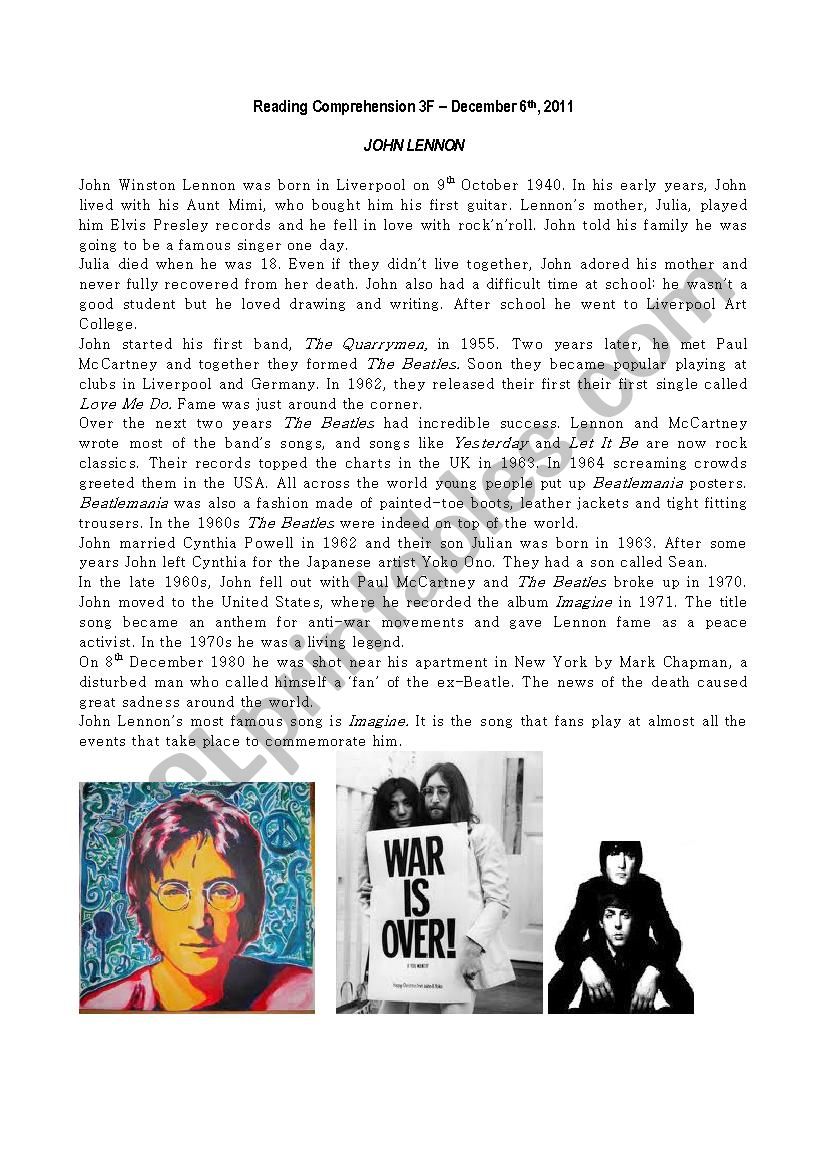 John Lennon worksheet