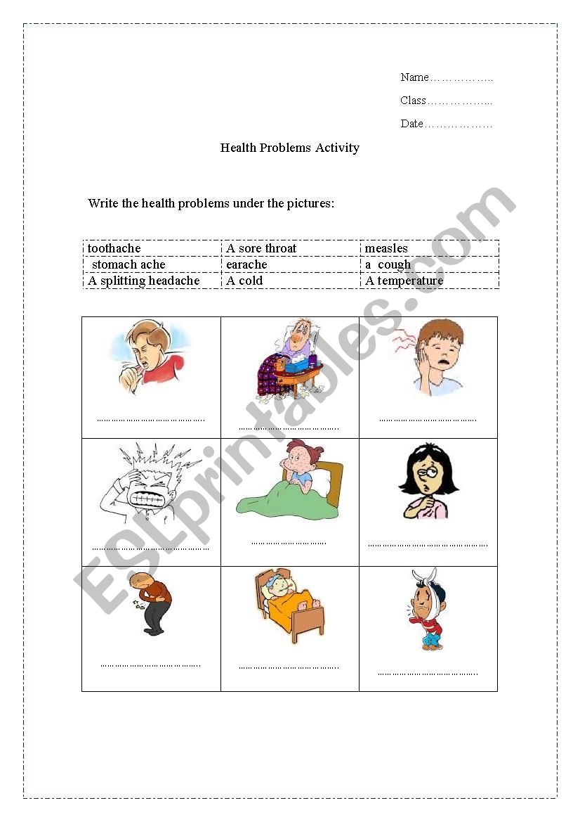 health problems worksheet