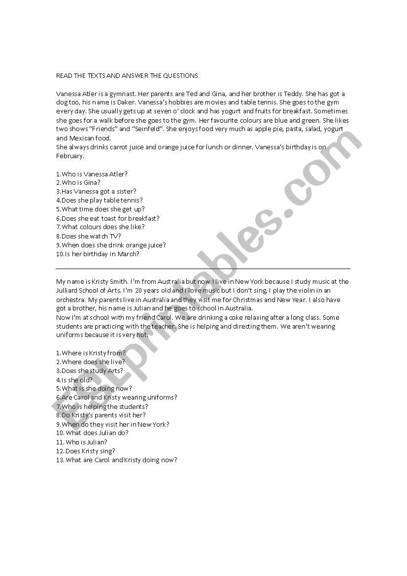 reading comprehension worksheet