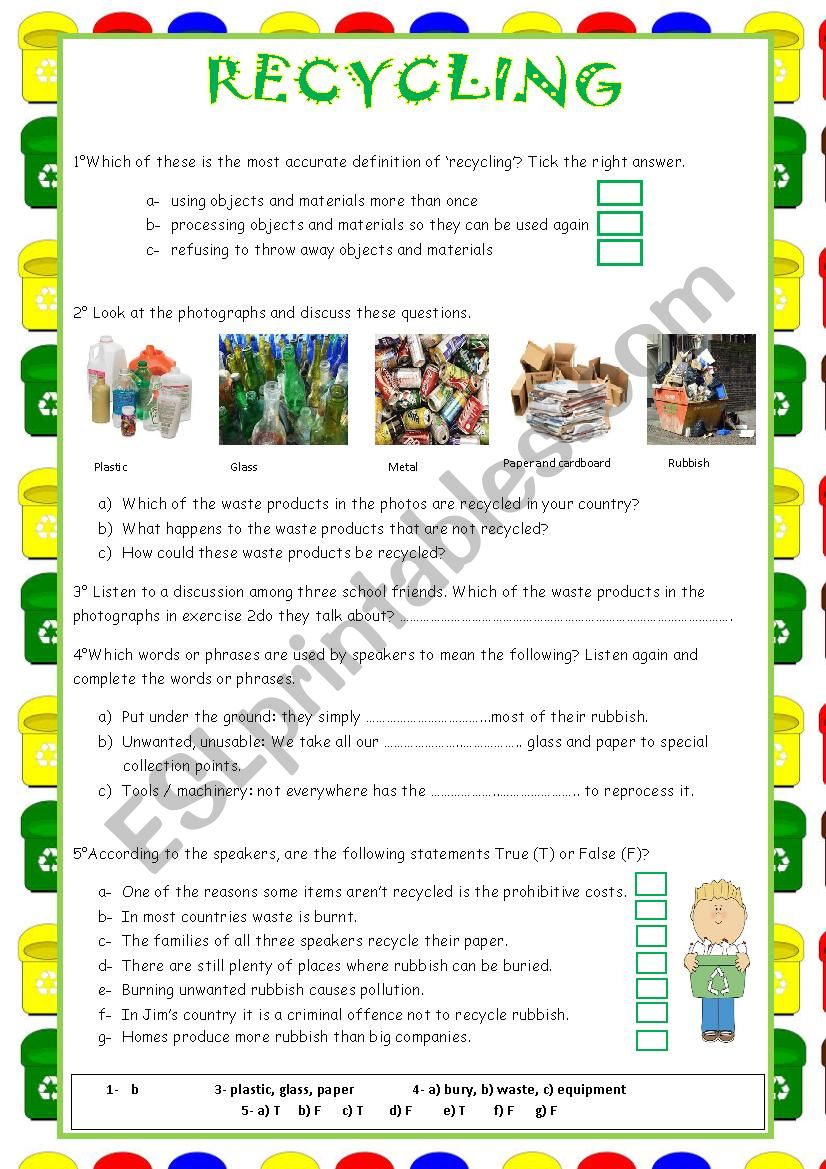 RECYCLING (WITH AUDIO ) + KEY worksheet