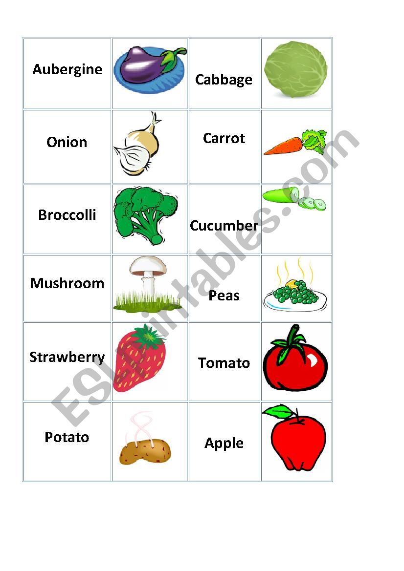 Fruits and vegetables cards worksheet