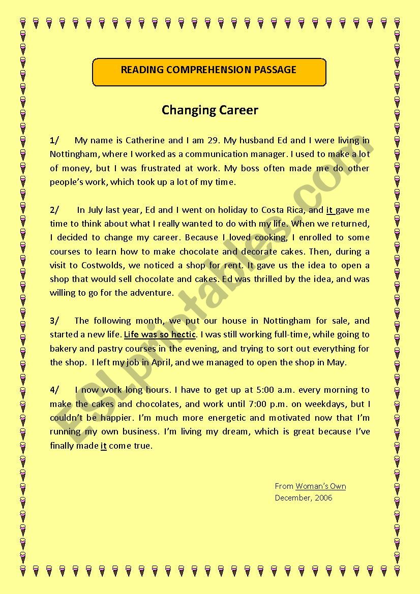 Reading: Changing Career worksheet