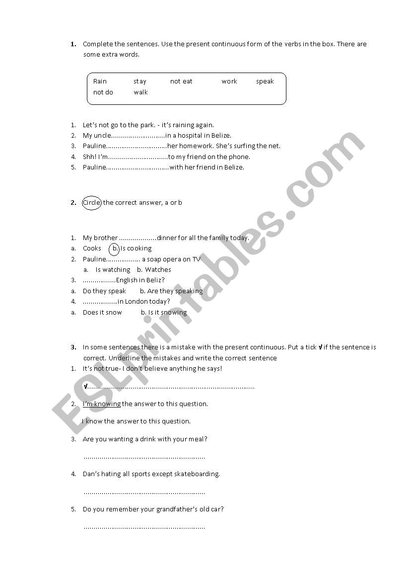 Present Continuous exercises worksheet