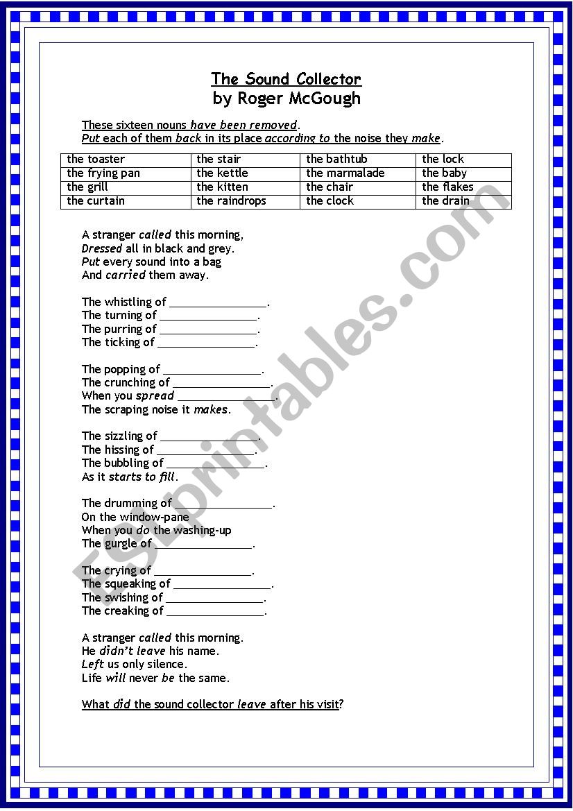 THE SOUND COLLECTOR NOUN GAP-FILLING AND VERB-MATCHING WITH KEY