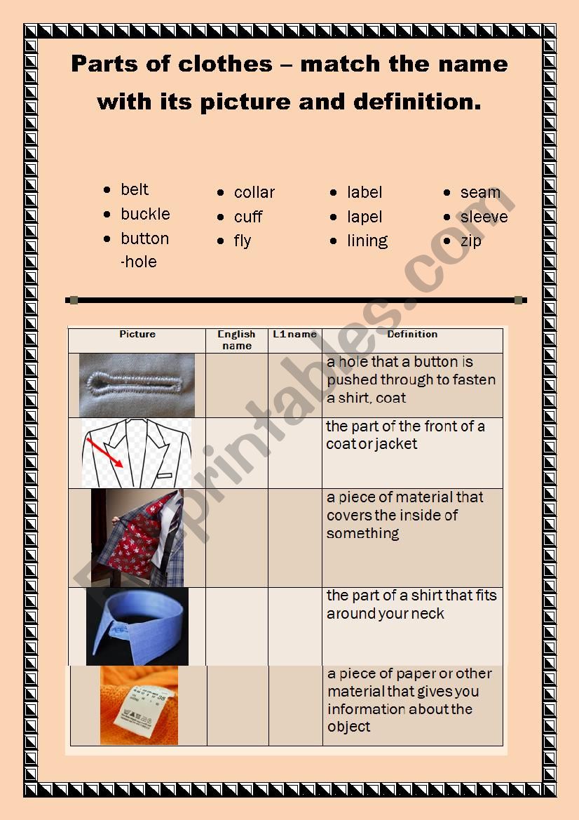 Elements of clothes  worksheet