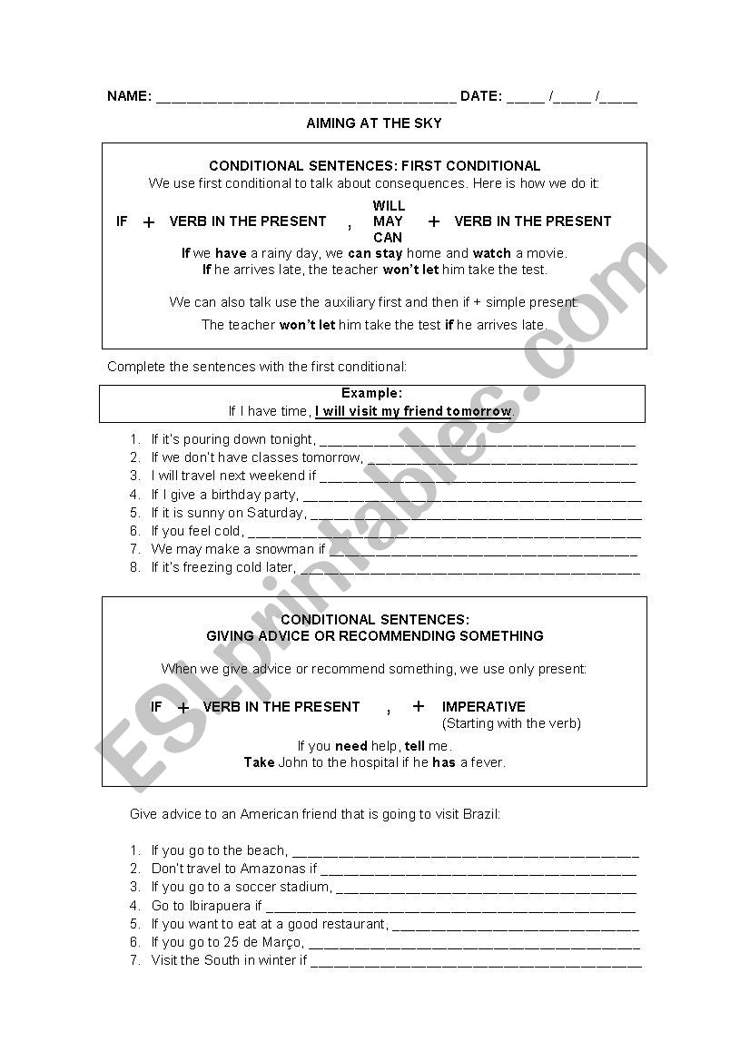 Zero and First Conditional worksheet