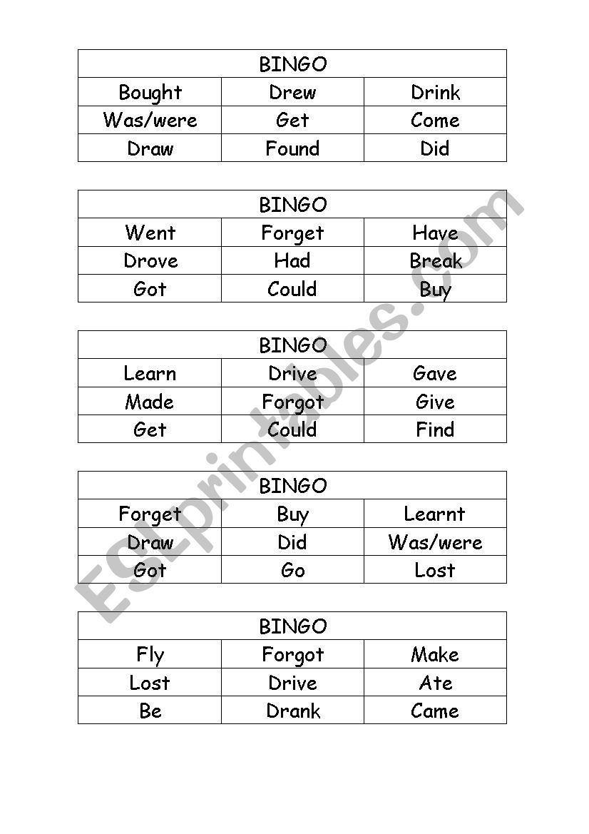 Bingo-present and past verbs- worksheet