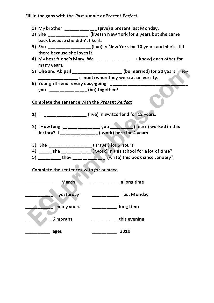 present  perfect worksheet